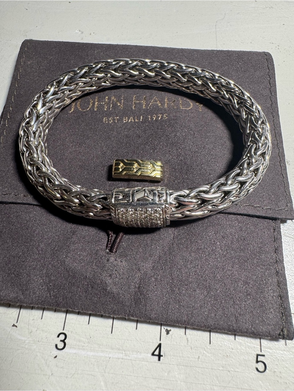 John Hardy Brand New Silver Braided Bracelet with Pavé Clasp